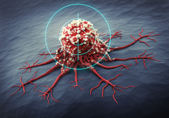 3D medical illustration of a cancer cell with a target on it